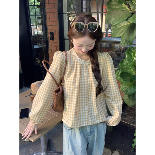 Moyiya (Moyiya) [826 personnes Collection] Sweet Plaid Lace Lace Round Coud Plaid Plaid Long à manches pour femmes Spring New Style Black [peut être porté pendant toutes les saisons] Recommandé 116-125 Jin [Jin équivaut à 0,5 kg] xl