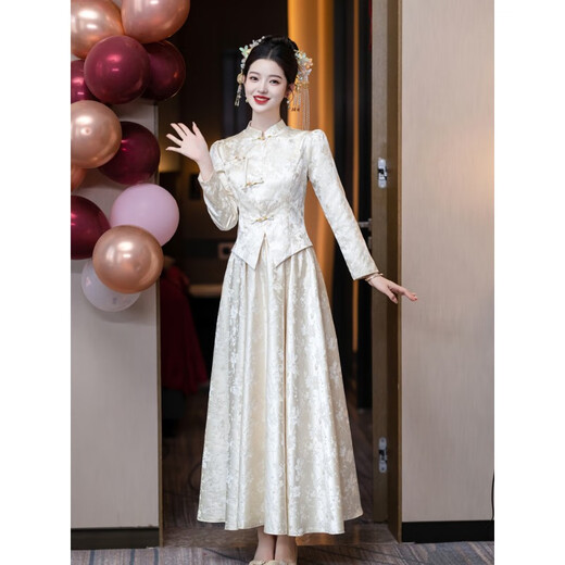 VZVY新中式香槟色敬酒服2025春季新款轻奢高端新娘结婚订婚晚礼服长袖 香槟色 轻奢短.袖款 zyl1125 L （建议105-112斤）