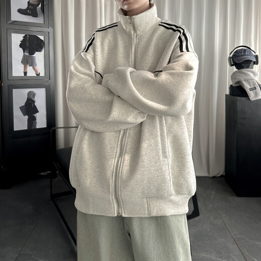 Pocket stand collar jacket men's spring and autumn new American trendy brand contrasting color striped handsome teenagers casual tops floral gray XL recommended 130-150Jin Jin equals 0.5 kg