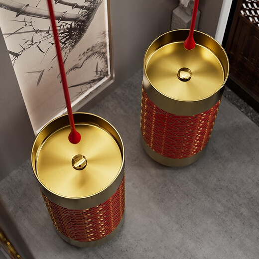 Nueva columna de acero inoxidable de estilo chino Hotel B&B Baño redondo Redonda Washbasin Washbasin Gold + Red 3883 Wave Pattern-Cilindrical Basin