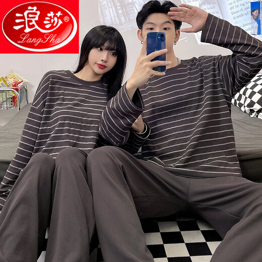 
Langsha's new couple's pajamas in spring and autumn new long-sleeved pure cotton men and women's simple and high-end striped home clothes two pieces BG_15567# double length dark gray stripes M women