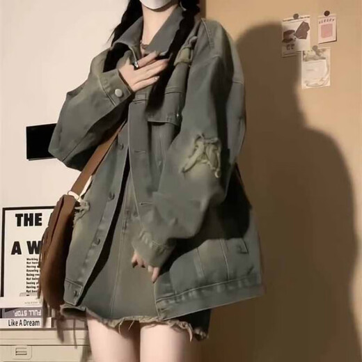 AC-Aichen Veste en jean brodé de mi-longueur pour les femmes au printemps et automne 2025 Nouveau design déchiré veste rétro en baisse du haut rétro simple pièce 12401 # S (95jin [Jin est égal à 0,5 kg]))