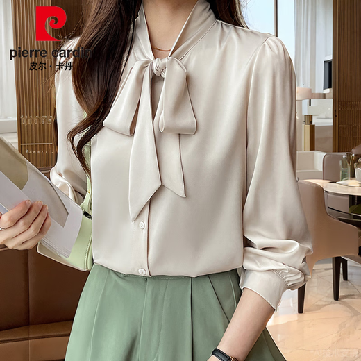 皮尔卡丹（pierre cardin）杭州真丝衬衫女长袖春装新款法式蝴蝶结衬衣感抗皱桑蚕丝上衣 杏色9276款 XL :115-125斤