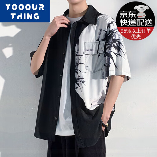 YOOOURTHING黑白拼接水墨画短袖衬衫男高级感新中式男装冰丝半袖衬衣夏季外套 水墨画 XL (建议120-145斤)