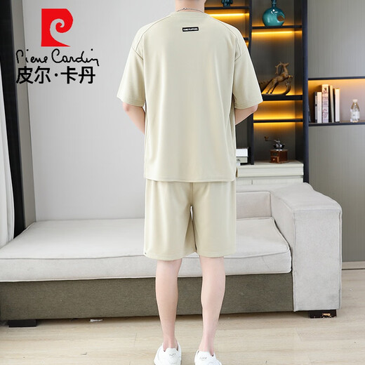 皮尔卡丹华夫格休闲套装男士2025新款夏季潮牌短袖T恤短裤搭配潮牌一套装 【套装】6188杏色 M (90-110斤)