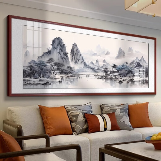Linyu living room hanging painting landscape landscape painting new Chinese style sofa background wall decoration painting tea room office mural ink water flow to make money-A style 150*60cm teak color solid wood frame glossy crystal porcelain style