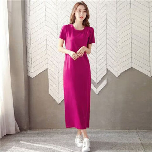 元乐申超长连衣裙短袖棉质过膝t恤裙女修身显瘦夏季开叉及踝一长裙女 黑色 9905长裙 2XL