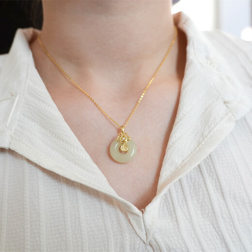 QUAMER new Chinese style Fu brand Hetian jade necklace S925 sterling silver Xiangyun Fuqi Ping An buckle Light luxury P14098-15mm Xiangyun Youfu necklace (45cm M