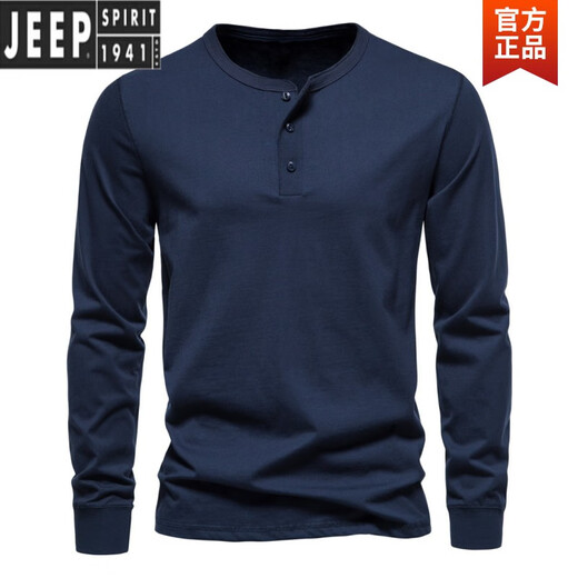 JEEP SPIRIT Henley shirt men's spring and autumn heavyweight t-shirt pure long-sleeved Henley collar quality cotton men's business bottoming shirt slim fit top light gray 3XL