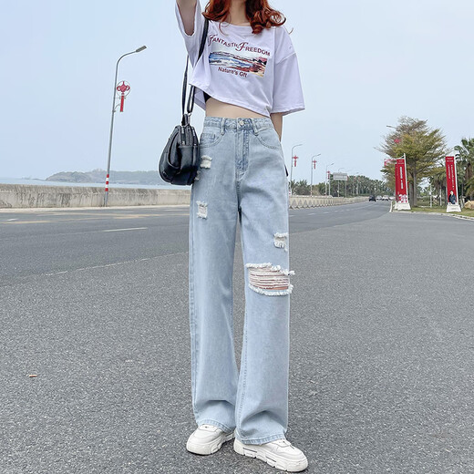 以纯YISHION网红破洞牛仔裤女2025春秋新款高腰显瘦垂感阔腿拖地裤ins潮夏装 浅蓝色现货【687款长裤】 XS