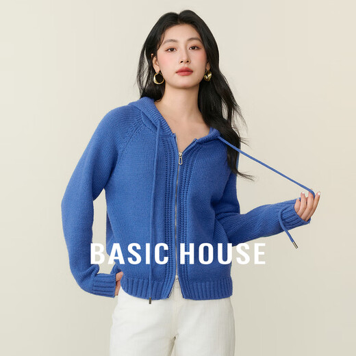 Basic House/Baijiahao hooded double zipper sweater spring style solid color loose raglan cardigan jacket blue M