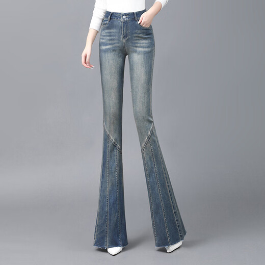 
Wen Yingyan retro jeans bell-bottom pants for women in spring and summer 2025 new high-waisted slimming and elastic slightly flared pants dark blue regular (983) L (recommended weight 110-120 Jin [Jin equals 0.5 kg])