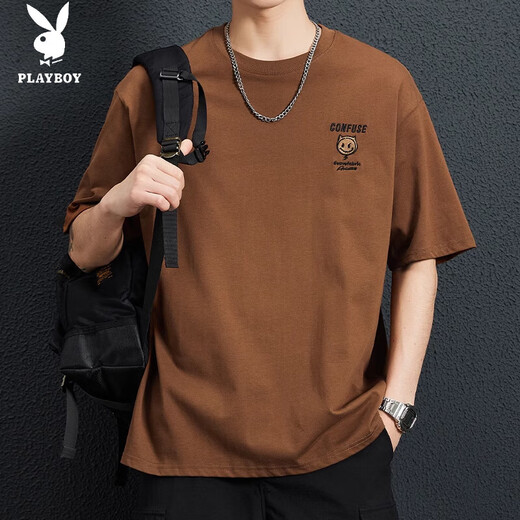
Playboy; PLAYBOY cotton short-sleeved T-shirt for men loose and versatile summer new style thin fashion brand pure cotton round neck top men's half-sleeved 5009 brown thin M