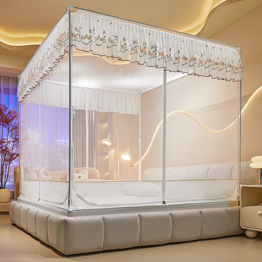 Romankani anti-fall mosquito net T+U cover type outer pole sitting bed type three-door back-bottom encrypted tent mosquito net 6626 snow-white [encrypted tent] 150*200 [self-connected bracket]