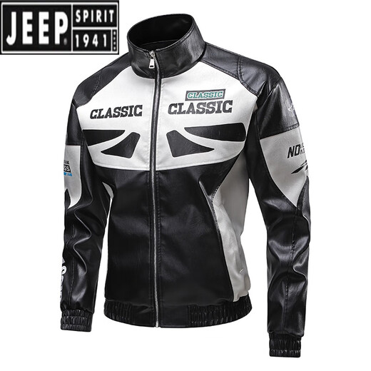 JEEP SPIRIT2025新款男士痞帅机车赛车服摩托车骑行PU皮夹克春秋防风皮衣外套 黑色【688】 2XL 【165-185斤】