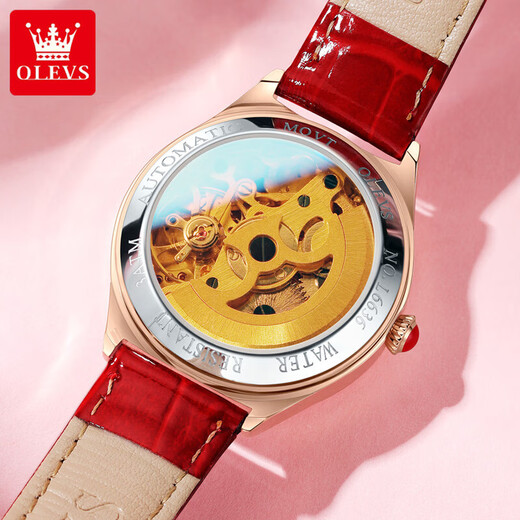 OLEVS Swiss certified brand watch women's fully automatic mechanical watch fashion temperament women's watch hollow women's watch gift OLEVS-6636-red skin white face