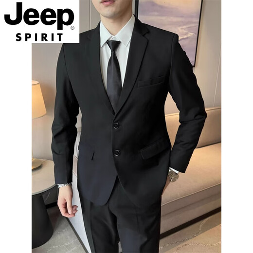 JEEP SPIRIT Suit Jacket Men's Slim Suit Casual Business Professional Formal Wear Handsome Groomsman Suit Two-piece Black Suit S
