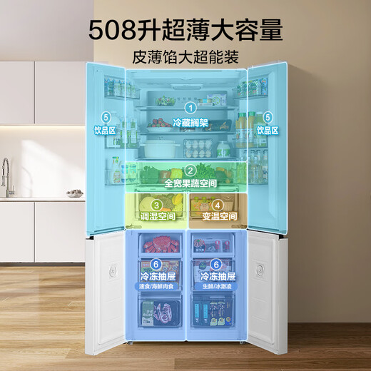Midea 508L cross-door refrigerator dual system dual cycle sterilization and deodorization large capacity first-class energy efficiency air-cooled frost-free trade-in white BCD-508WSPZM (E) national subsidy