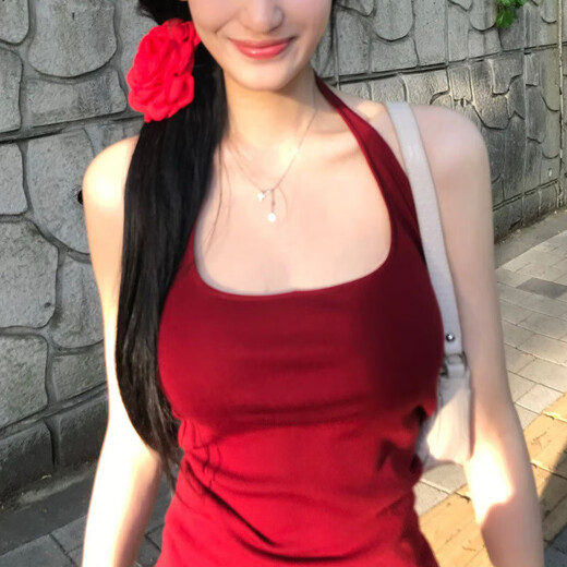 麓格立挂脖吊带背心女带胸垫复古港风纯欲辣妹修身显瘦U领红色打底上衣 挂脖吊带【酒红色】95-120斤