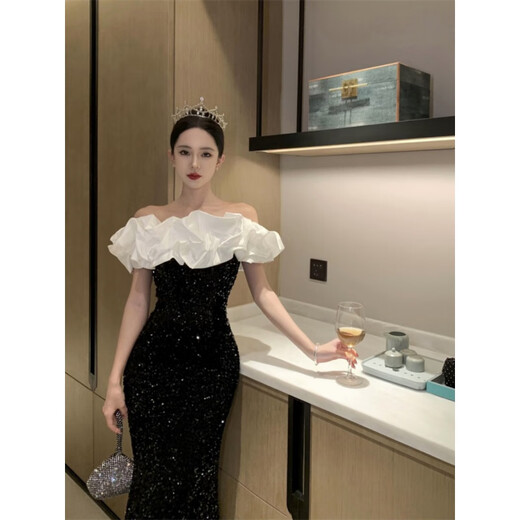 Chuangjing Yi selected annual meeting dress for women, high-end Hepburn style French one-shoulder velvet dress, elegant, light and luxurious, ladylike temperament, bright black, follow the store for preferred delivery L