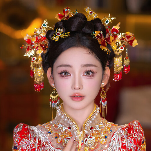 Youshu headdress Xiuhe Chinese style bridal headdress wedding Xiuhe clothing headdress high-end simple and elegant golden red face small model headdress + ear clip