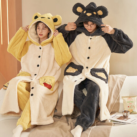 
Fuxinkang coral velvet couple pajamas for women in autumn and winter thickened and extended loose men's nightgown flannel bathrobe home clothes PY-6630 M - women [height 155-160-weight 80-100]