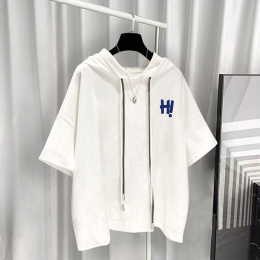 Yushida Hong Kong-Stil mit Kapuze mit Kurzärärmelanzug Herren Sommer Trendy Printed T-Shirt Handsome Ganze passende weiße T5019+Grey K9215 S Geeignet (85-105jin [Jin gleich 0,5 kg]))