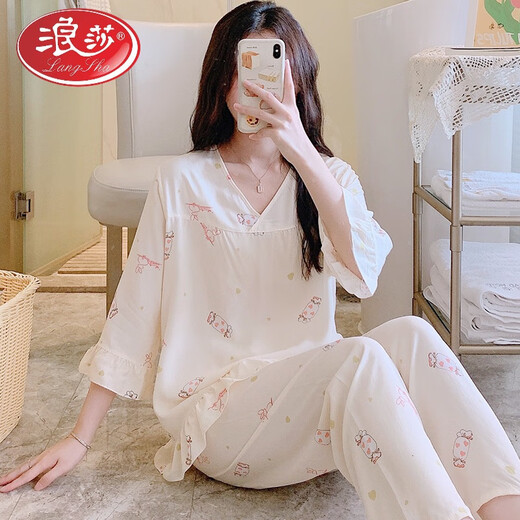 浪莎（LangSha）春秋九分袖套装绵绸女睡衣2025新款夏天家居服女人造棉绸可外穿 YR-九分袖2603粉底小熊 XL (110-125斤)