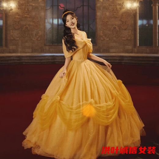 事思黄色晚礼服女新款高端轻奢贝儿公主同款婚纱法式超仙森系 黄色 S 160