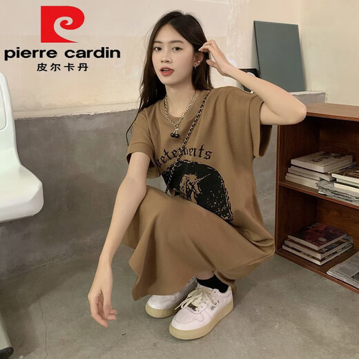 皮尔卡丹（pierre cardin）纯棉长款过膝懒人连衣裙女宽松外穿夏季新款遮肉短袖t恤裙子开叉 761-咖啡色 (纯棉)今年流行的轻 M