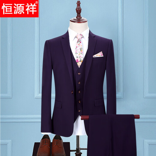 Hengyuanxiang Comfortable Four Seasons Violet Men's Suit Three-piece Small Suit Korean Slim Groom Wedding Dress One-button Violet Suit + Western Pants XS 160/