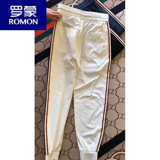 罗蒙（ROMON）夏季薄款冰丝速干条纹拼色字母休闲裤男士潮流百搭运动卫裤束脚裤 白色 36 (180-195斤)