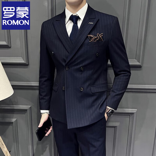 ROMON Blue Double-breasted Suit Jacket Men's Gentleman Business Casual Suit British Striped Wedding Groom's Dress Blue Two-piece Set Free Tie Tie Bra S 46