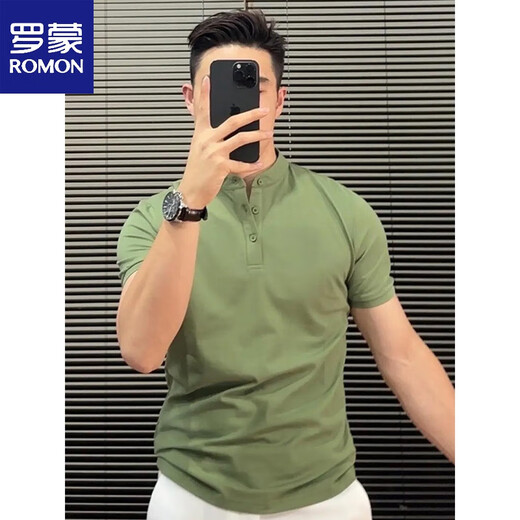 罗蒙（ROMON）品质商务半袖男士polo.衫年轻款夏季重磅蓝色亨利领短袖T恤 蓝色【高质量】 型男 L (适合)115-130斤