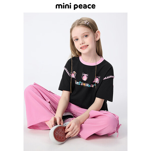 MiniPeace Children's Clothes Xia Xin Girls Short Sleeve T-Shirt FBCNF2120 Jet Black 150