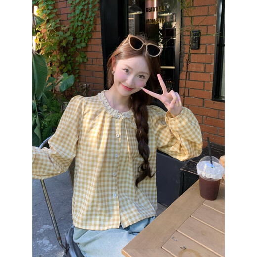 Moyiya (Moyiya) [826 personnes Collection] Sweet Plaid Lace Lace Round Coud Plaid Plaid Long à manches pour femmes Spring New Style Black [peut être porté pendant toutes les saisons] Recommandé 116-125 Jin [Jin équivaut à 0,5 kg] xl