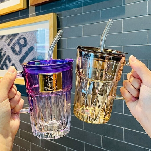 FancyChic [6174] Europäische elektroplierende farbige Glaswasserbecher verdickte Blei-Blei-Gurt-Griff-Griffe Anti-Scenging Strohbecher Diamant Ins High Purple Griff + Deckel + Strohhalm + Strohhalm