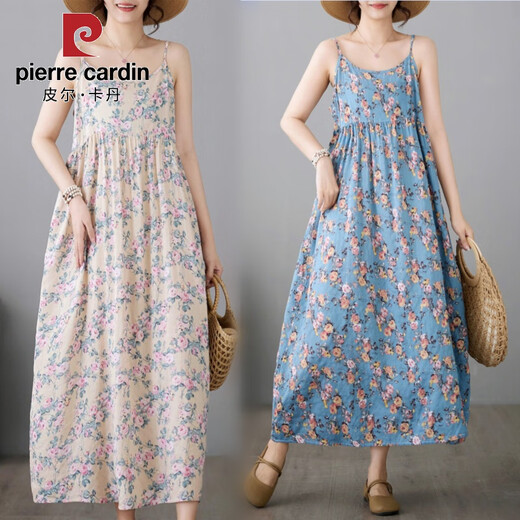 Pier Cardin Small Fresh and Literary Cotton Linen rétro petite robe florale mi-longueur grande jupe sans manches minces respirant 693 Green M