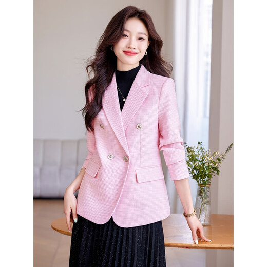 Purple Charming Plaid Small Suit Jacket Women's Spring and Autumn 2025 New High-end Casual All-match Small Suit Age Reduction Top Pink Small Suit M (Recommended 95-105 Jin Jin equals 0.5 kg)