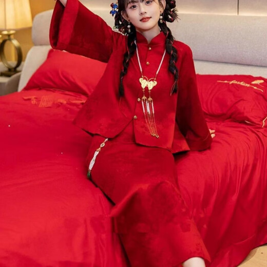 Wutuo Chinese wedding bride costume red new toast suit improved cheongsam spring and autumn new order service back door suit for women trendy burgundy suit without accessories 2XL