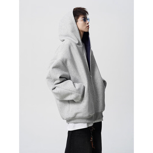 Heavy zipper cardigan sweatshirt for men and women spring American loose couple hoodie vibe high street casual hooded jacket gray spring and autumn 400g single side wear XL recommended 130-150Jin Jin equals 0.5 kg