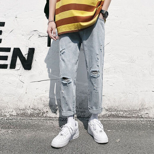 KFPF pants for men's trendy street-fried slim fit ripped pants straight jeans for men's summer thin 2025 new men's pants 679/Y ripped model M