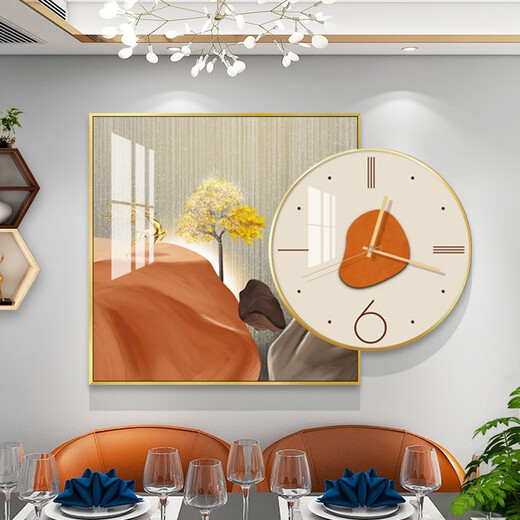 现代轻奢餐厅背景墙带钟晶瓷装饰画抽象大气饭厅组合挂画卧室壁画 TXMG12603 60*60cm+圆直径40cm总长80高雅