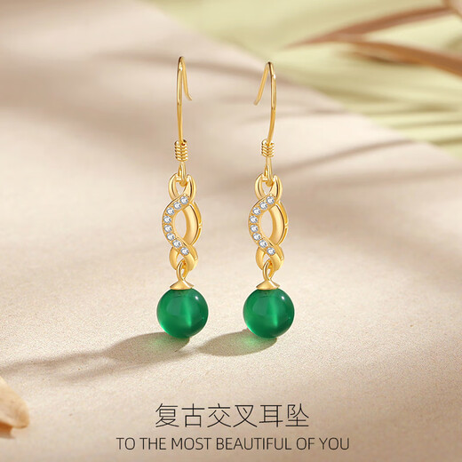 万礼福新中式S925纯银绿玛瑙圆珠耳坠女复古中国风长款耳勾感耳钉 EY681白金色耳坠 925银
