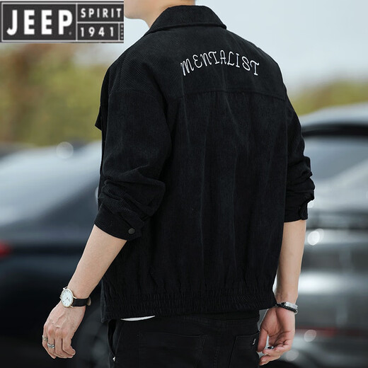JEEP SPIRIT西装领男士纯色夹克春秋季新品韩版潮牌灯芯绒休闲男装外套 黑色 XL ( 125-140斤)