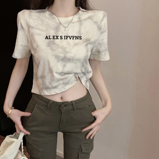 
Lingkaqi's straight shoulder letter printing tie-dyed short sleeve retro high waist slim fit and sexy girl design short top tie-dyed white elegant 6196 L 110-125