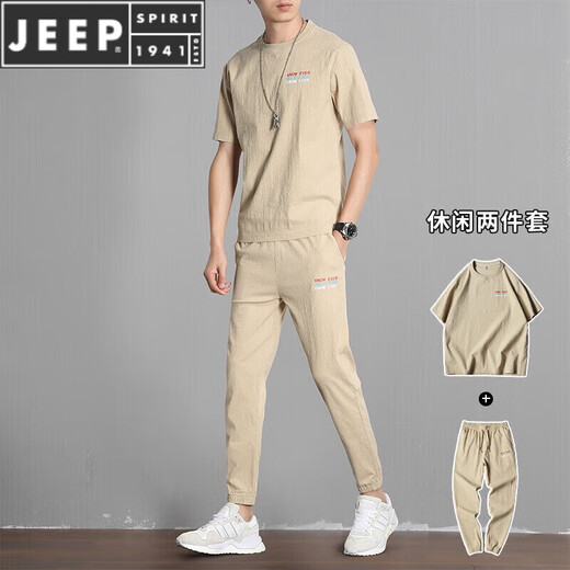 JEEP SPIRIT Summer Linen Set Men's 2025 New Trendy Summer Casual Sports Set Short Sleeve Cotton and Line Clothes Two-Piece Set Medium Gray Trousers Two-Piece Set M (Height 160-165 Weight 80-100Jin [Jin equals 0.5 kg])