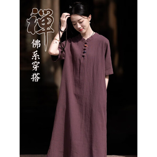 Deutsche Qualität Zen Kleidung Neues chinesisches Stil Buddhist Frauenkleidung Tee Kleidung verbesserte chinesische Stil-Blocking Lay Buddhist Kleidung Zen Robe Kleid Zen Purple Robe + Hanf mit weit lig