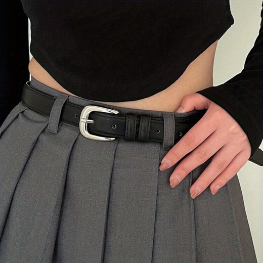 
Puyahua niche slim belt for women simple and versatile Korean student casual fashion square buckle belt for men decorative jeans trendy classic silver buckle-black