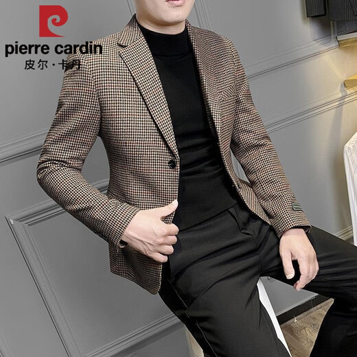 皮尔卡丹（pierre cardin）2025春秋男士西服外套韩版潮流休闲长款修身痞帅格子毛呢西装 咖色[2023/新款/外套/夹克/男装 62 XL[建议130-150斤]